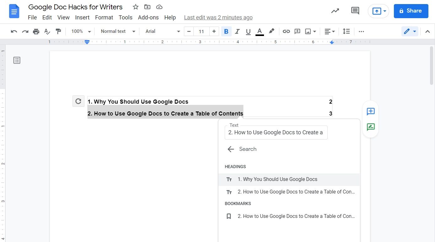 Image shows linking a bookmark in Google Docs