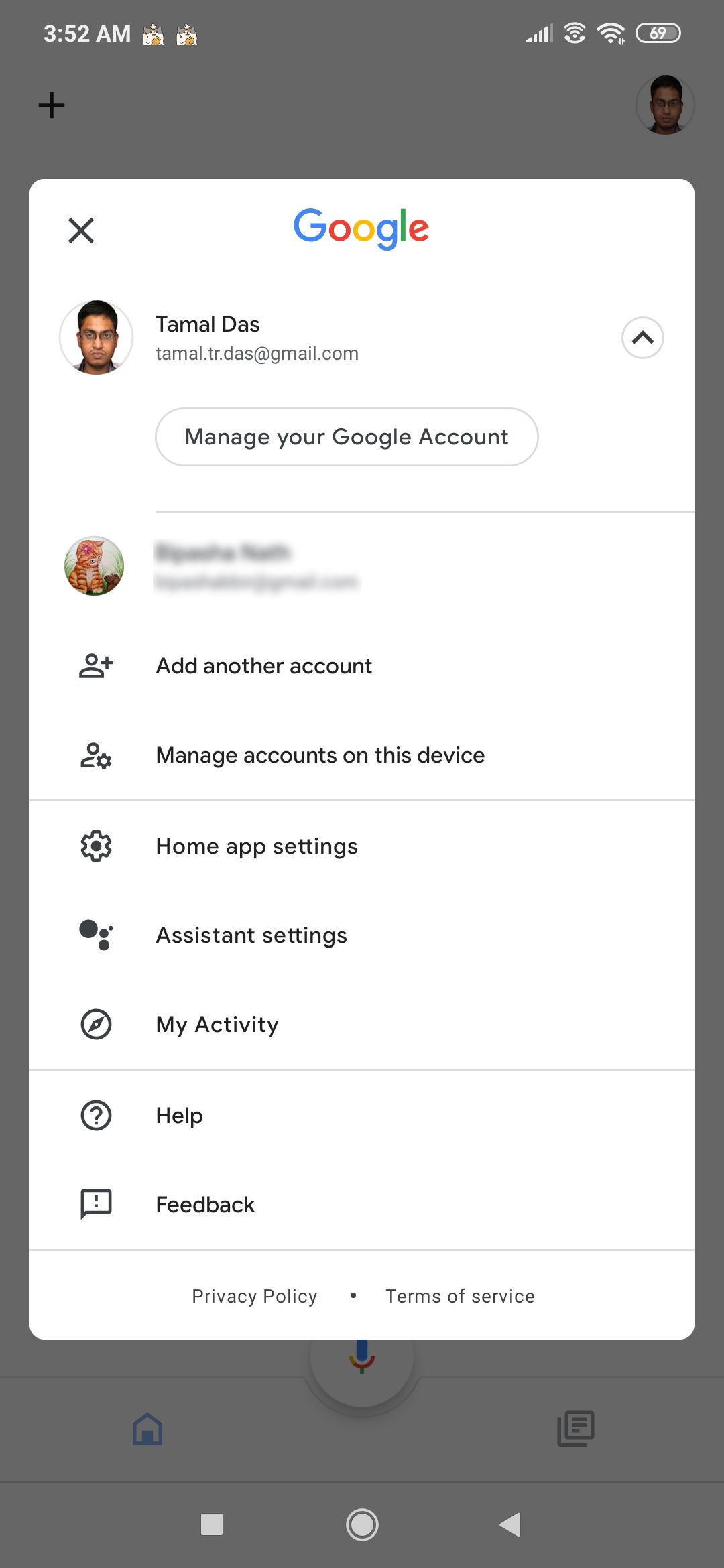 An image showing multiple accounts in Google Home app