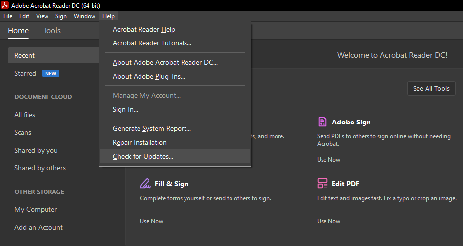 6 Fixes für Adobe Acrobat Reader, der PDF-Dateien unter Windows nicht öffnet - Check For Updates In Adobe Acrobat Reader DC