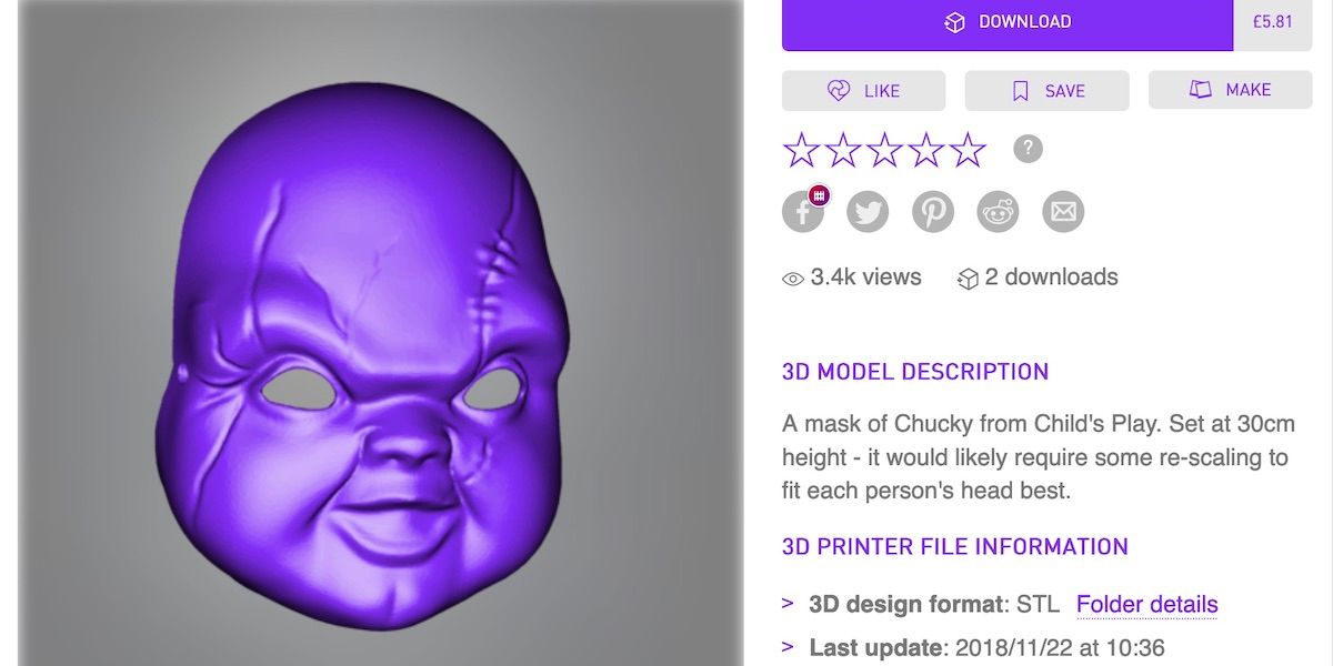 A purple 3D model of a scary childs face with scars, next to written information about the designer
