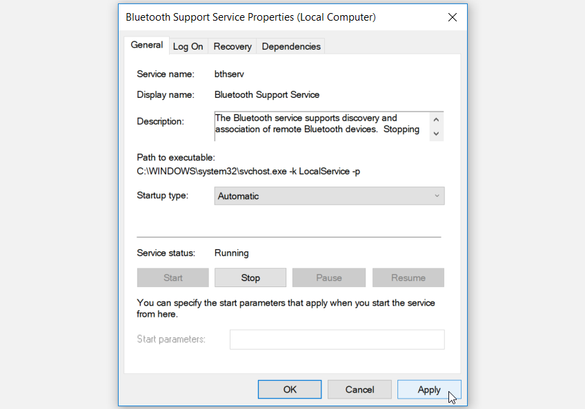 Configuring the Bluetooth Service Settings