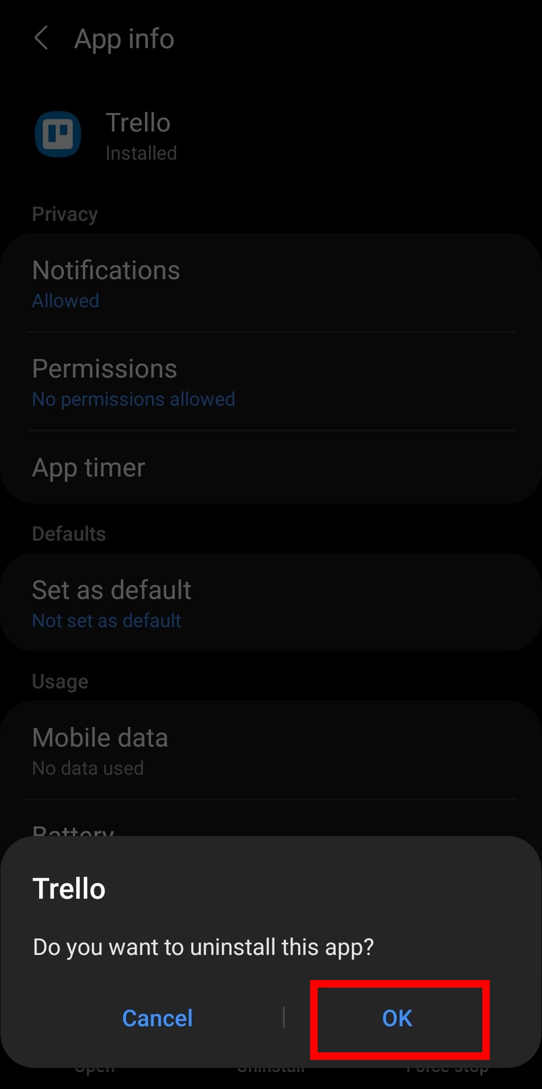A screenshot of the uninstall dialog for an Android app, with the confirm option highlighted