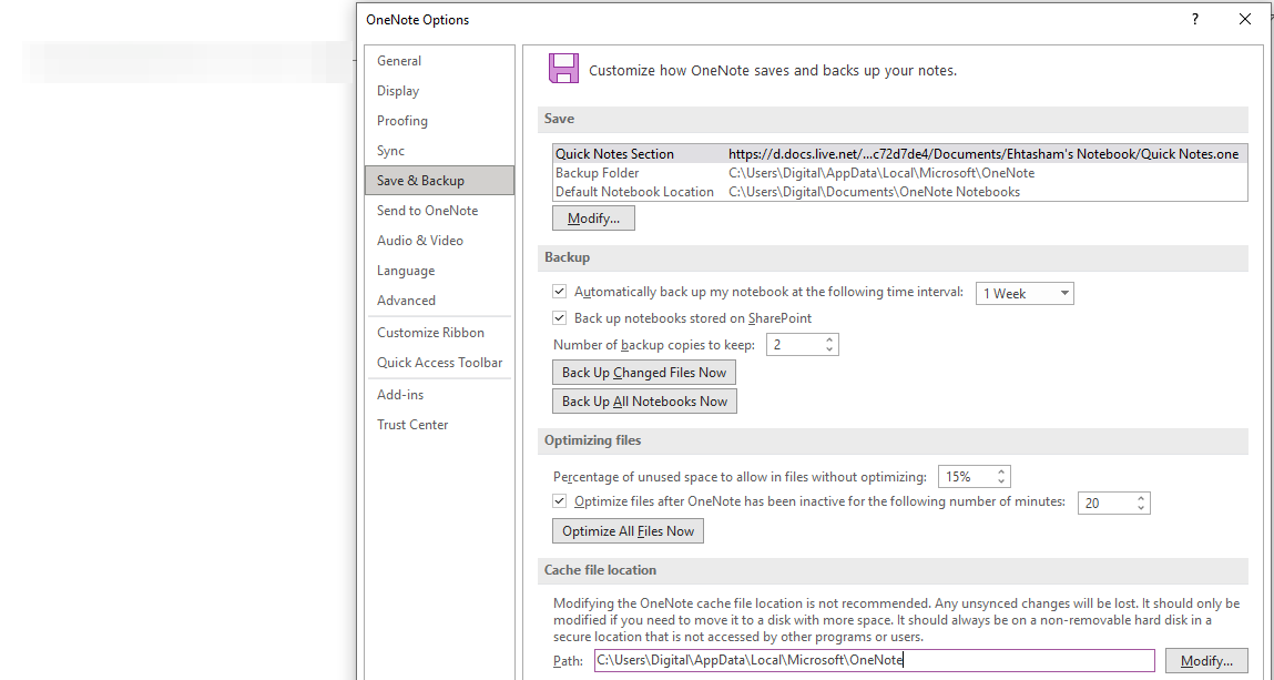Copying the Cache File Location From OneNote