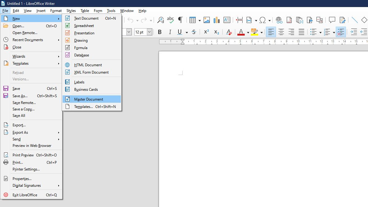 Screenshot of how to create a new master document