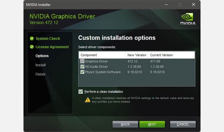 Only the selected components should appear in the Custom Installation Options list