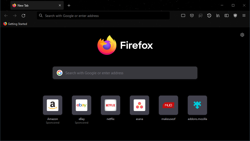 A screenshot of Mozilla Firefox with the Dark space theme enabled