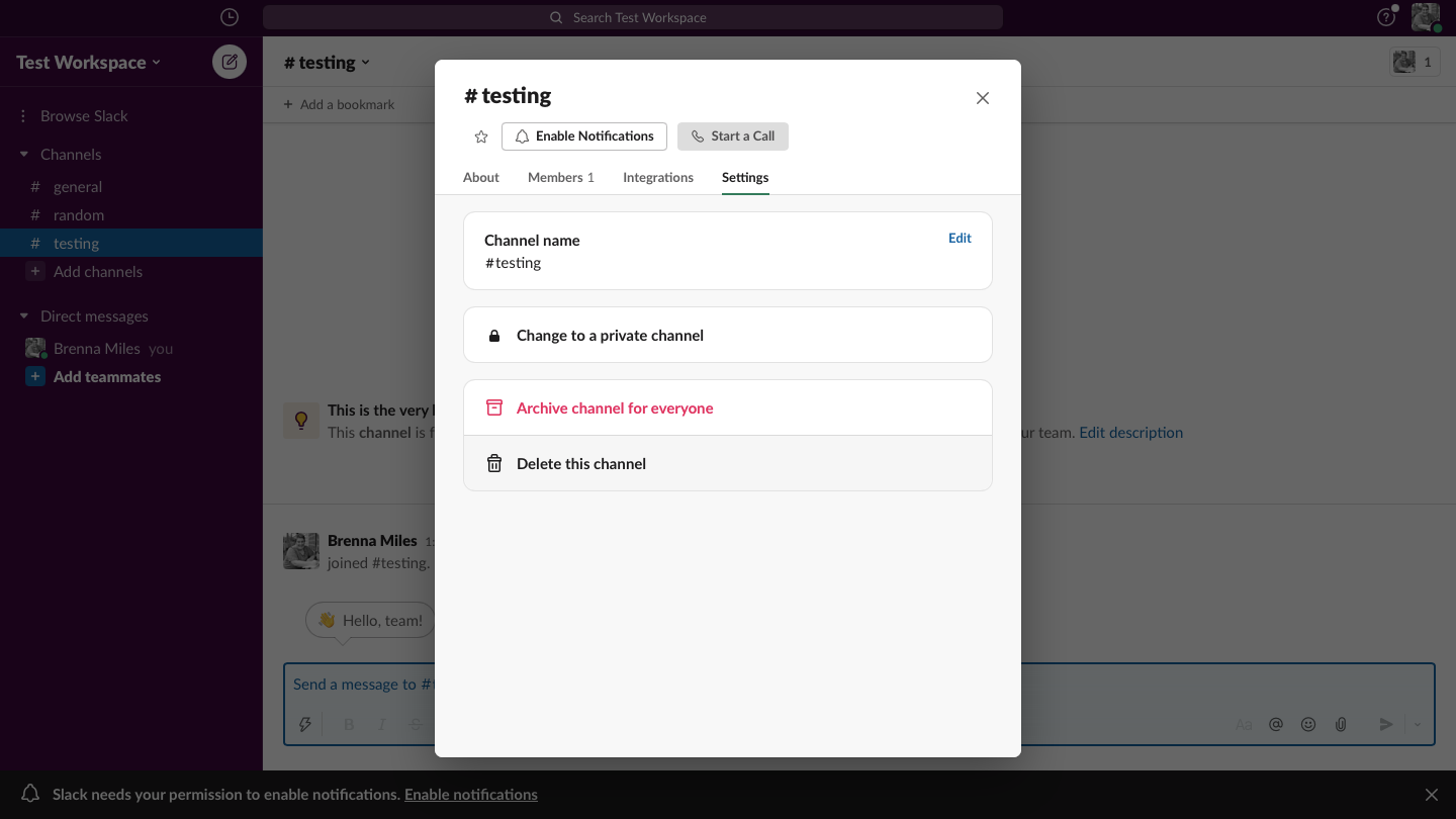 Image shows how to delete a Slack channel