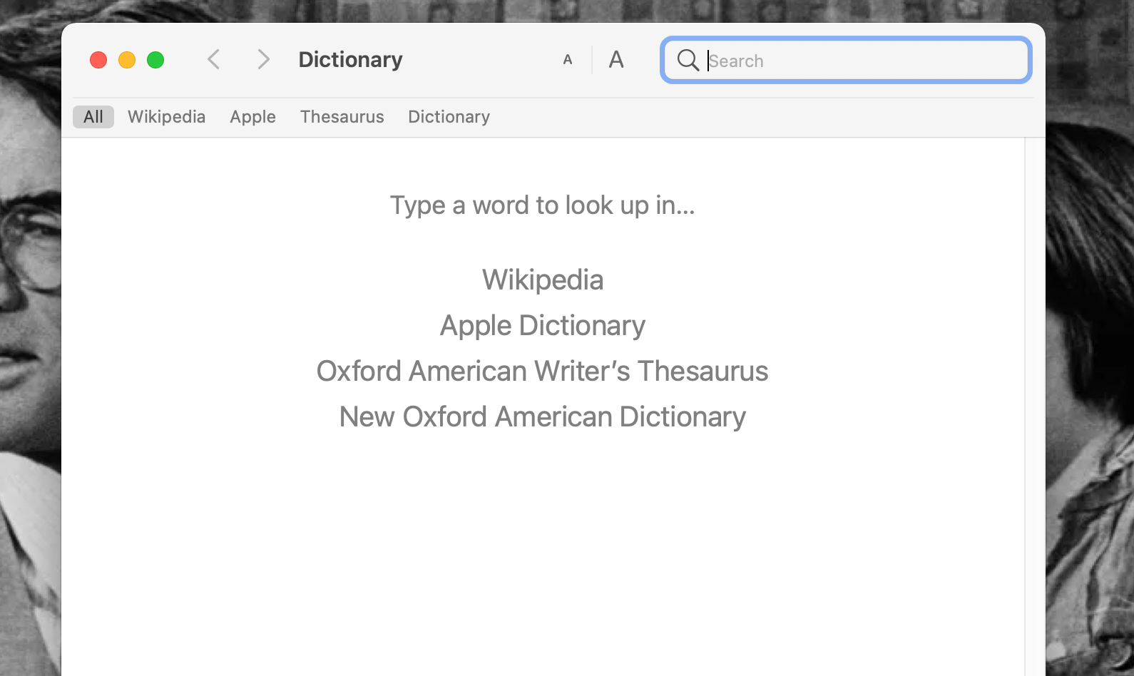 Dictionary app open on a MacBook Pro with default dictionaries and reference sources visible