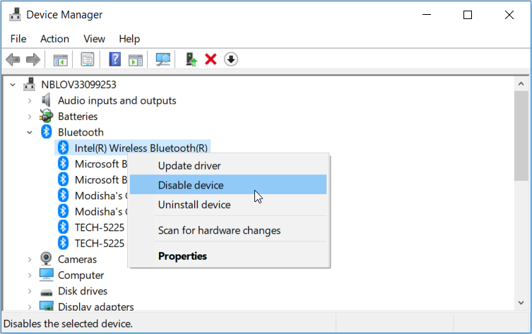 Disabling Bluetooth devices on Windows