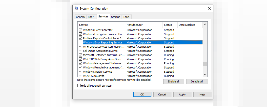 Disabling Windows Error Reporting Service in System Configuration Settings
