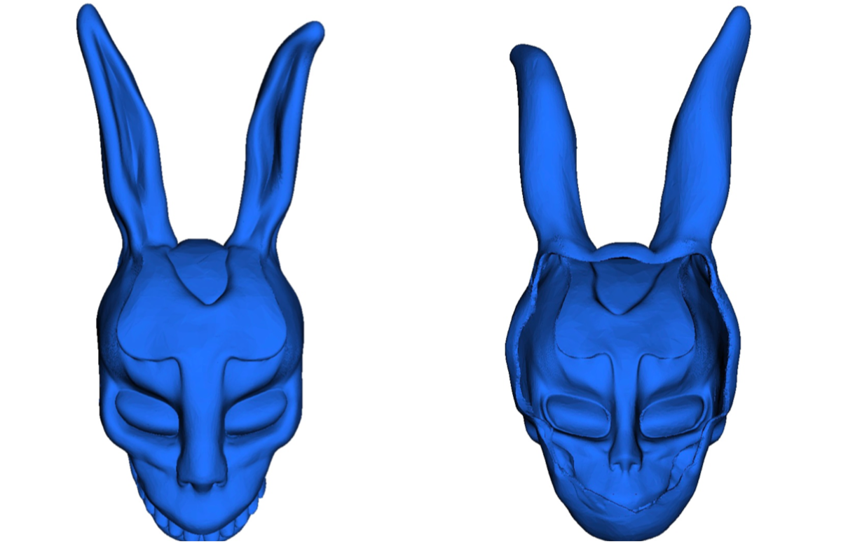 A front and back view of a blue 3D model of a humanoid rabbit mask