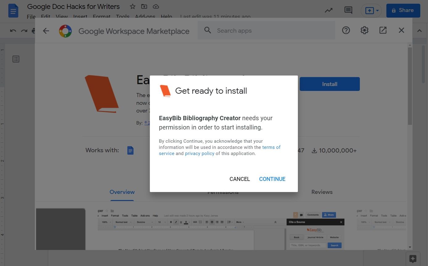 Image shows the download window for add-ons in Google Docs