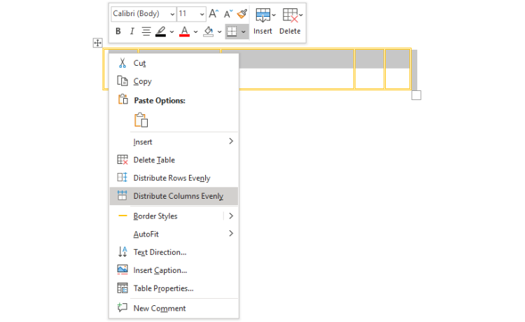 So verwenden Sie die Funktion zum Zeichnen von Tabellen in Microsoft Word - Draw Table select distribute columns evenly