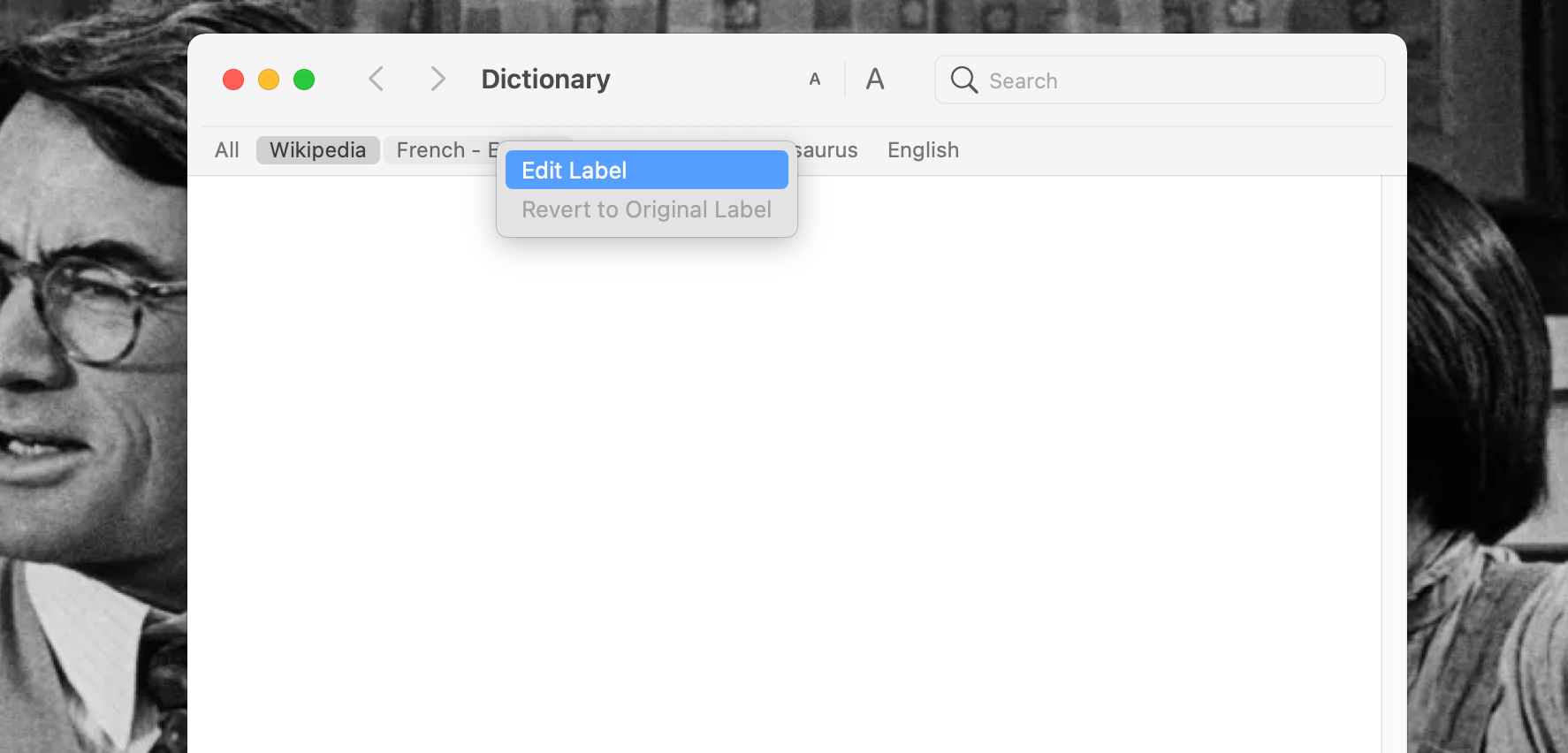 Edit Label option highlighted in label menu in the Mac Dictionary app