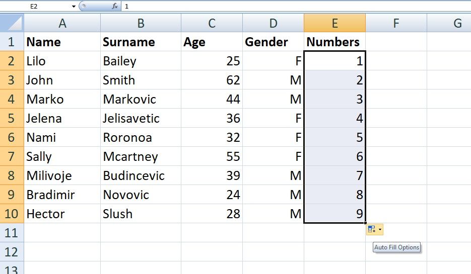 Excel add a numbered column