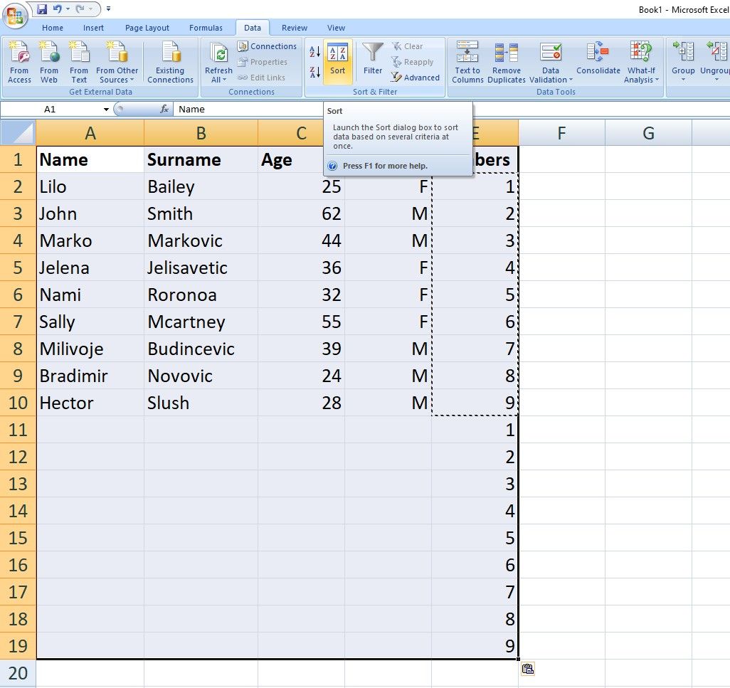 Excel data sorting options