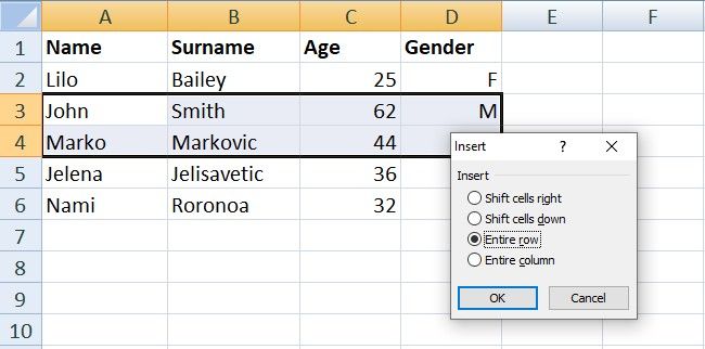 Excel insert select entire row