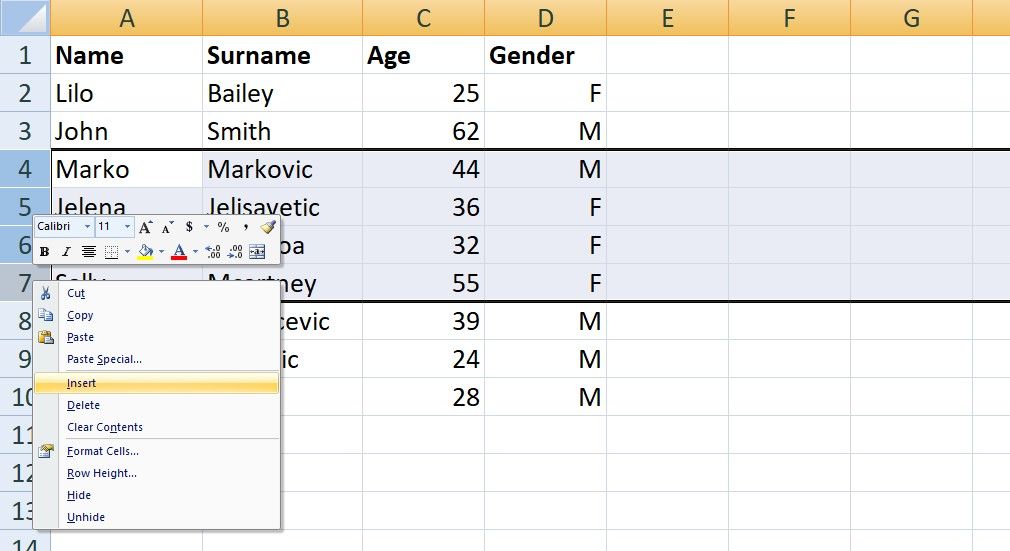 Excel inserting rows and colums