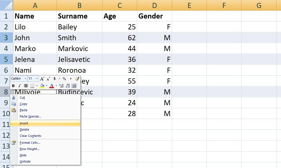 Excel selecting multiple rows