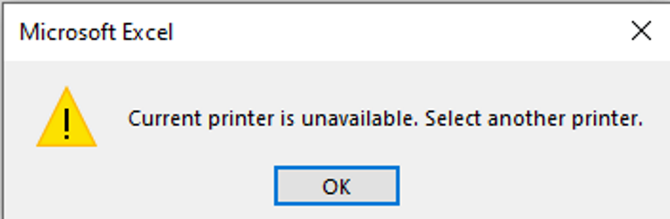 Excel watermark current printer unavailable error message