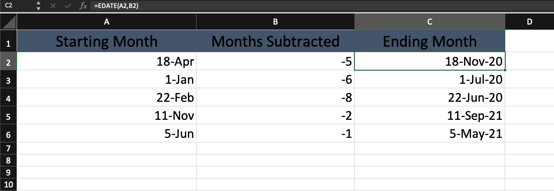 Excel EDATE function date subtraction