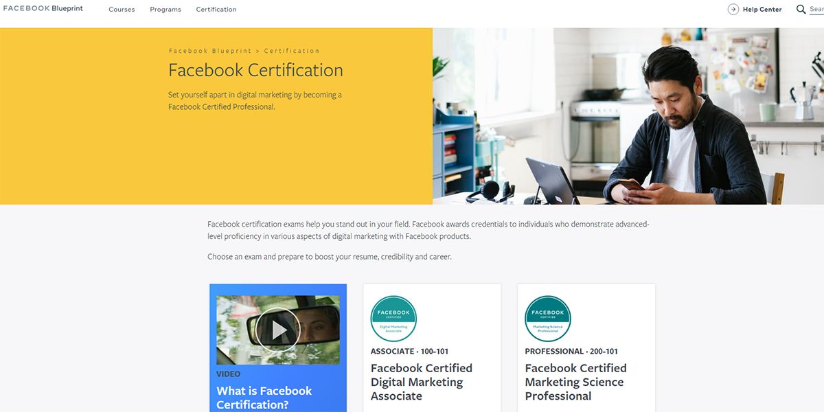 A visual showing Facebook Blueprint Certification page