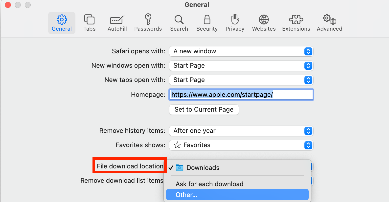 File Download Location Options on Safari Preferences