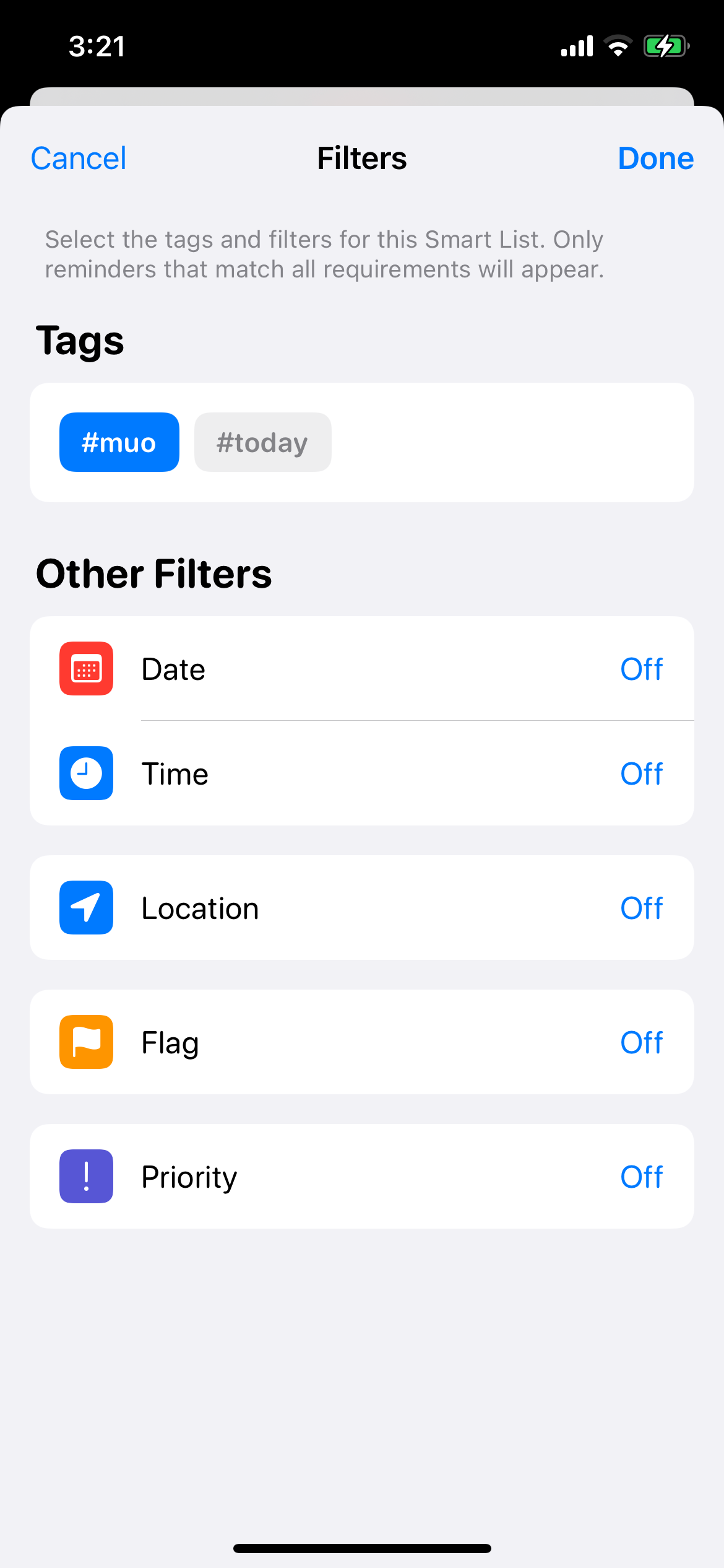 Filters on Reminders Smart List