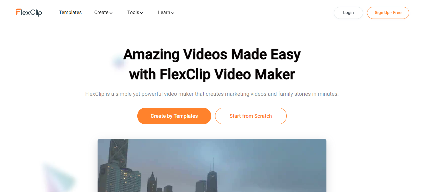 Die 5 besten kostenlosen Online-Video-Editoren - Flexclip Landing Page Screenshot