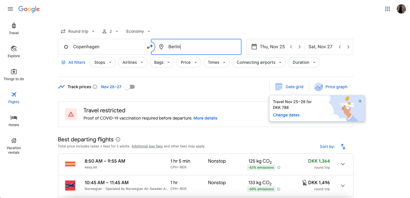 Screenshot of flight booking on Google Travel
