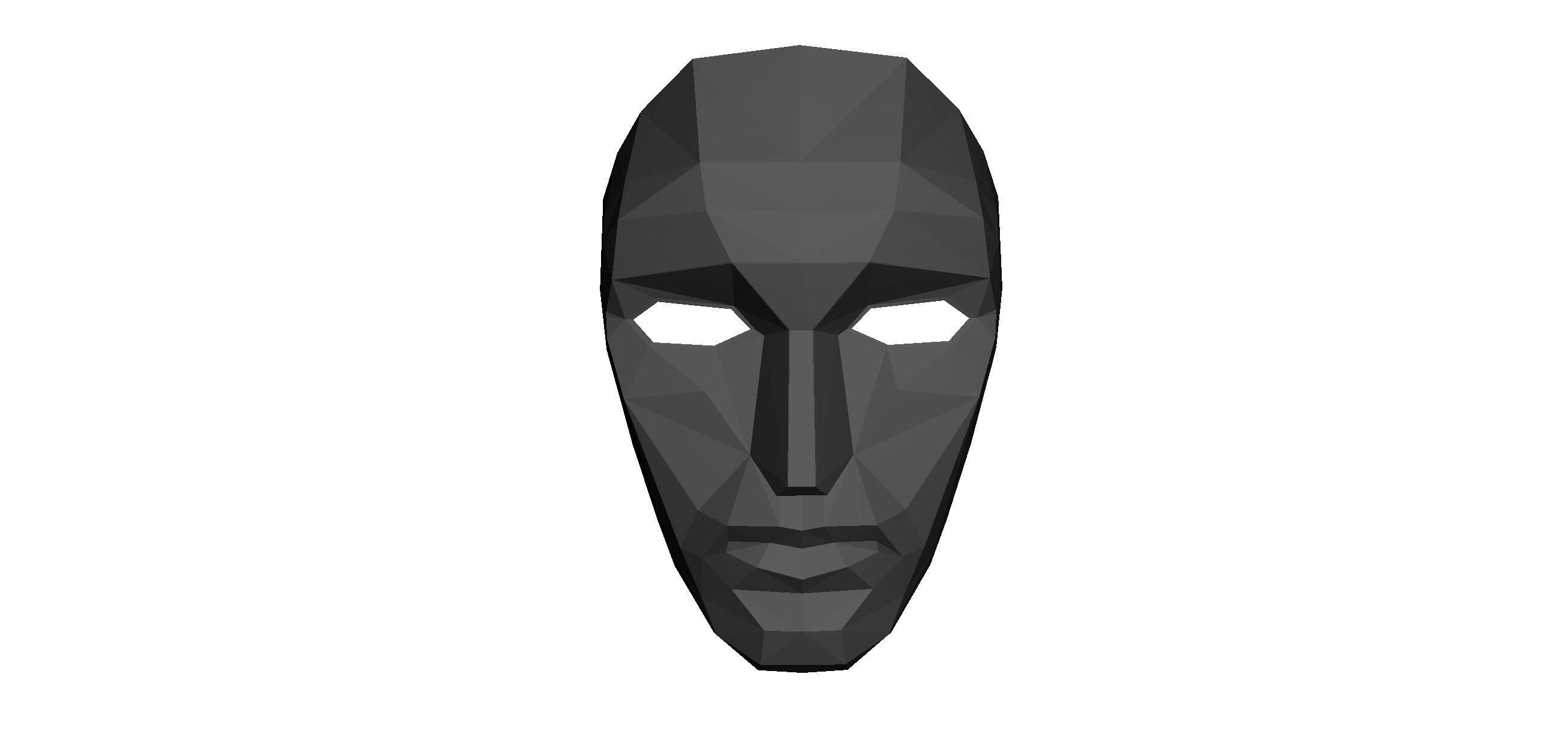 A black colored 3D model of a face with geometric edges across the surface, on a white background