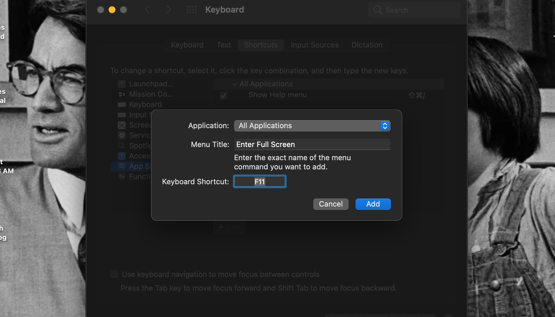 Full-screen shortcut being added in System Preferences on Mac