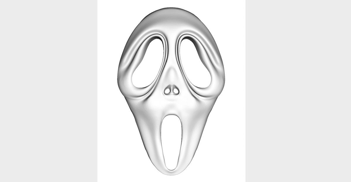A white 3D model image of a ghost face screaming