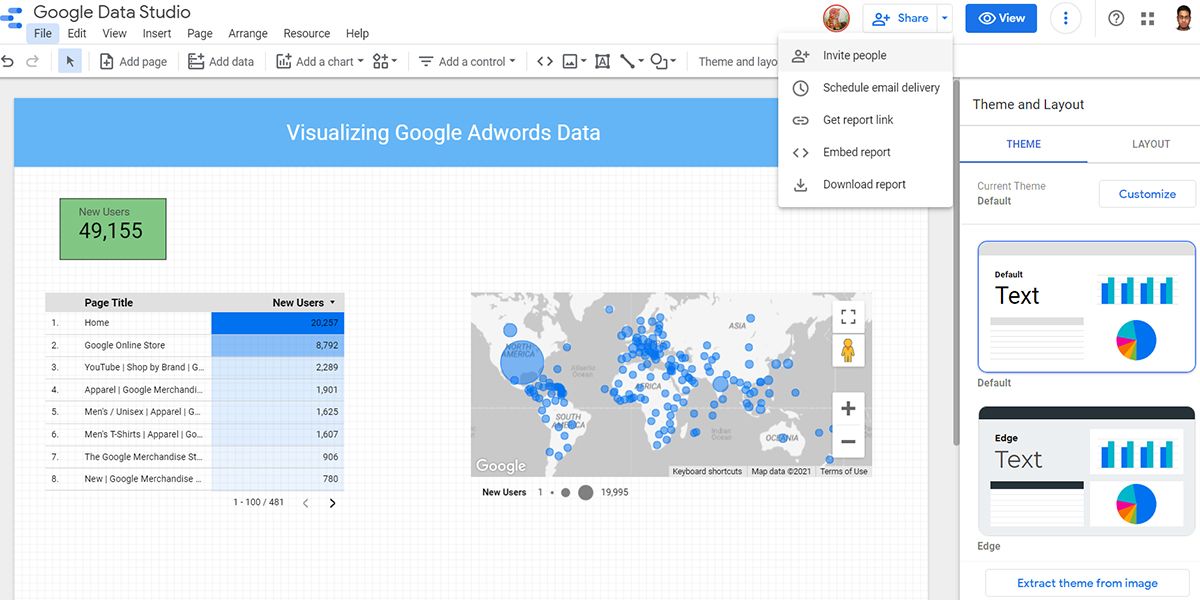 A visual showing Google Data Studio sharing options