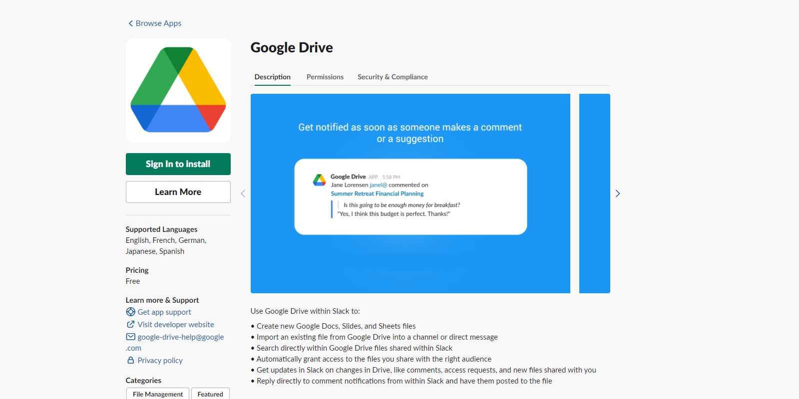 Google Drive Slack App Directory page screenshot