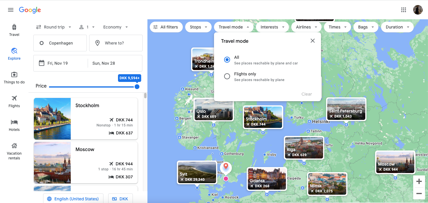Explore tab on Google Travel
