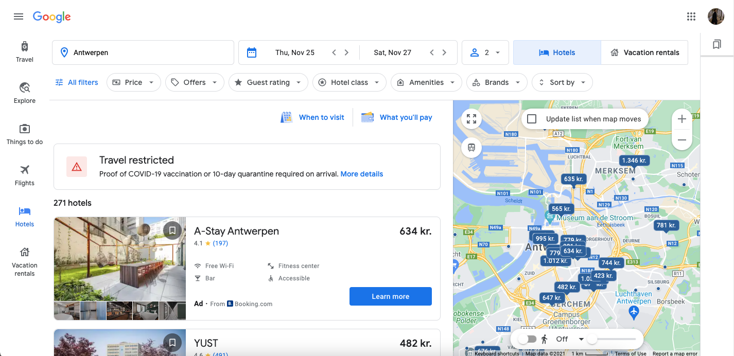 Screenshot showing hotels on Google Travel