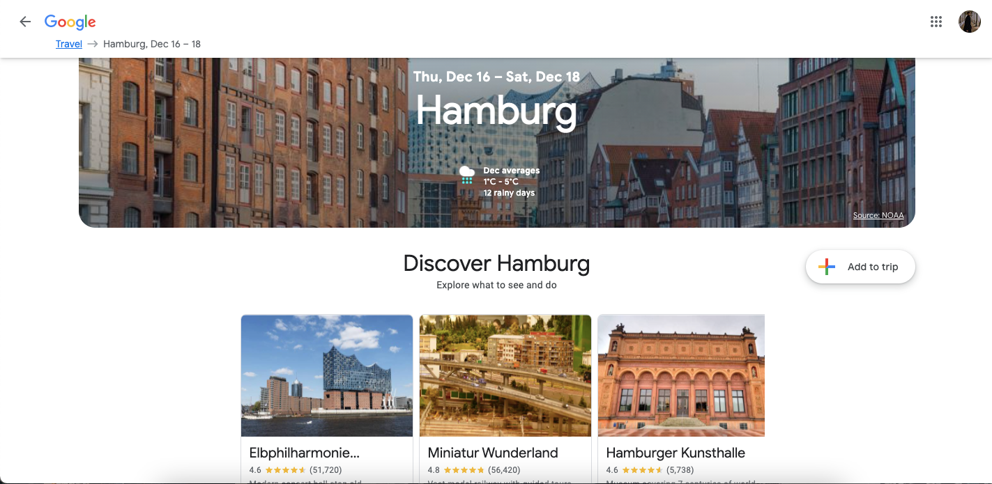 Screenshot showing trip on Google Travel