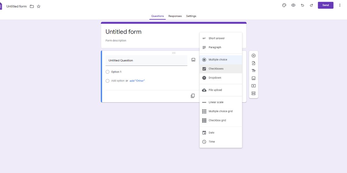 A visual showing several questions option in Google Forms