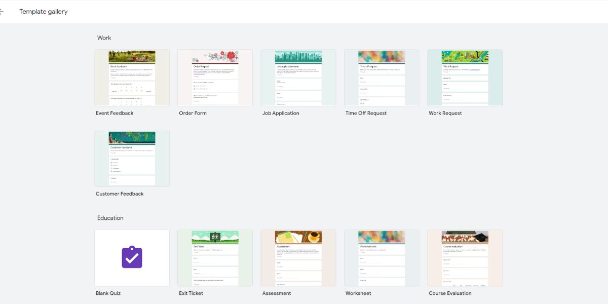 A visual showing variety of form templates in Google Forms