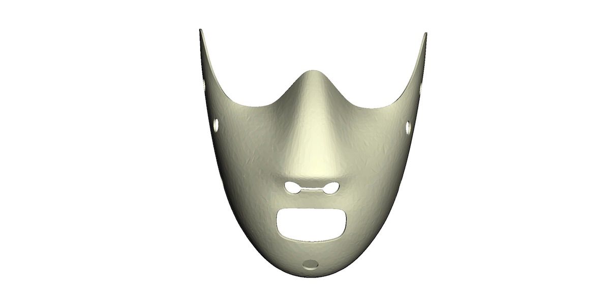 A creme colored 3D model of a mask that covers the mouth and nose