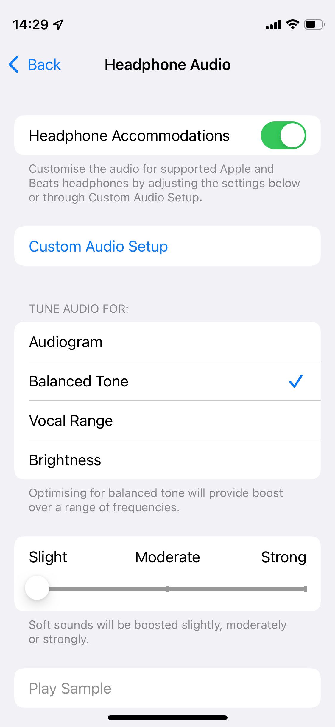 Headphone Accommodation settings on iPhone