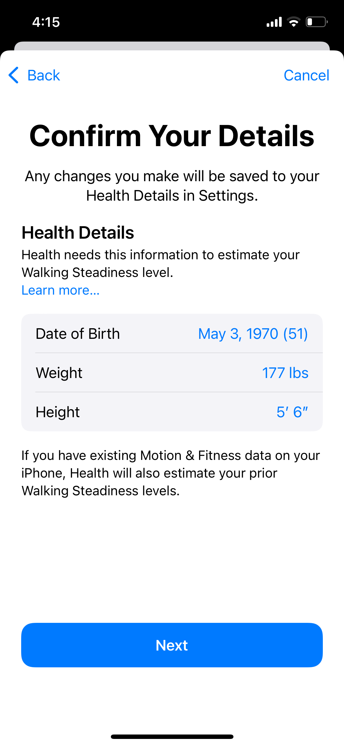 Health Data in Walking Steadiness