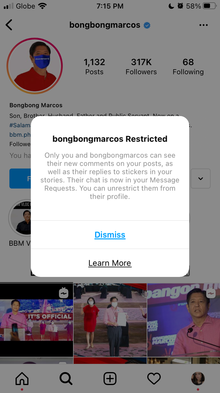 Instagram Restrict Account from Profile