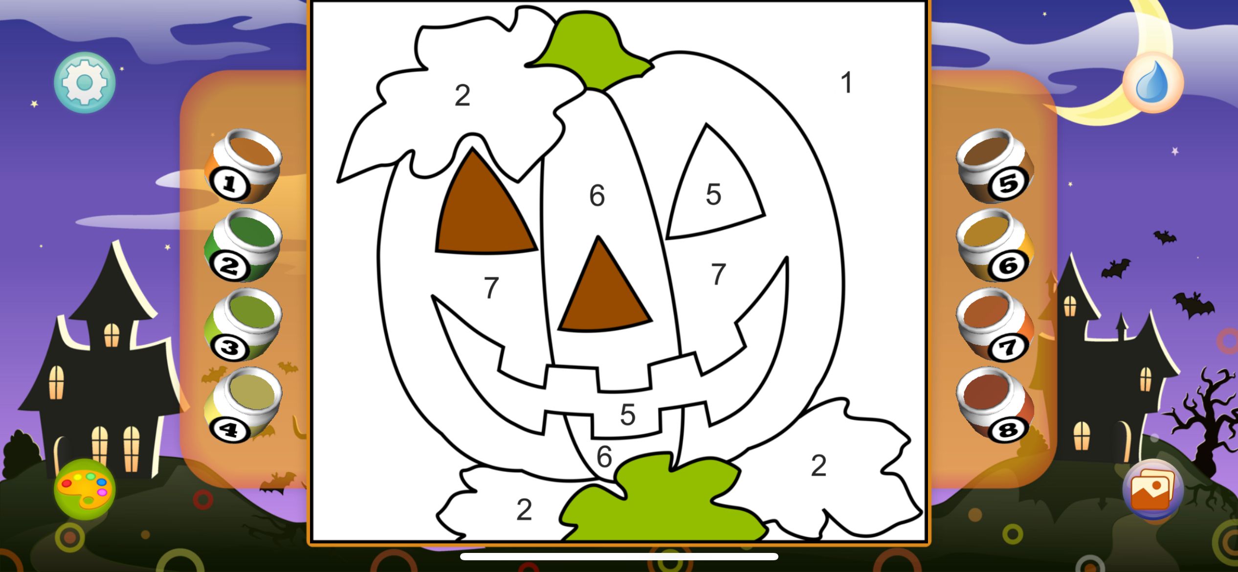 Color By Numbers - Halloween screen shot showing a half completed pumpkin painting