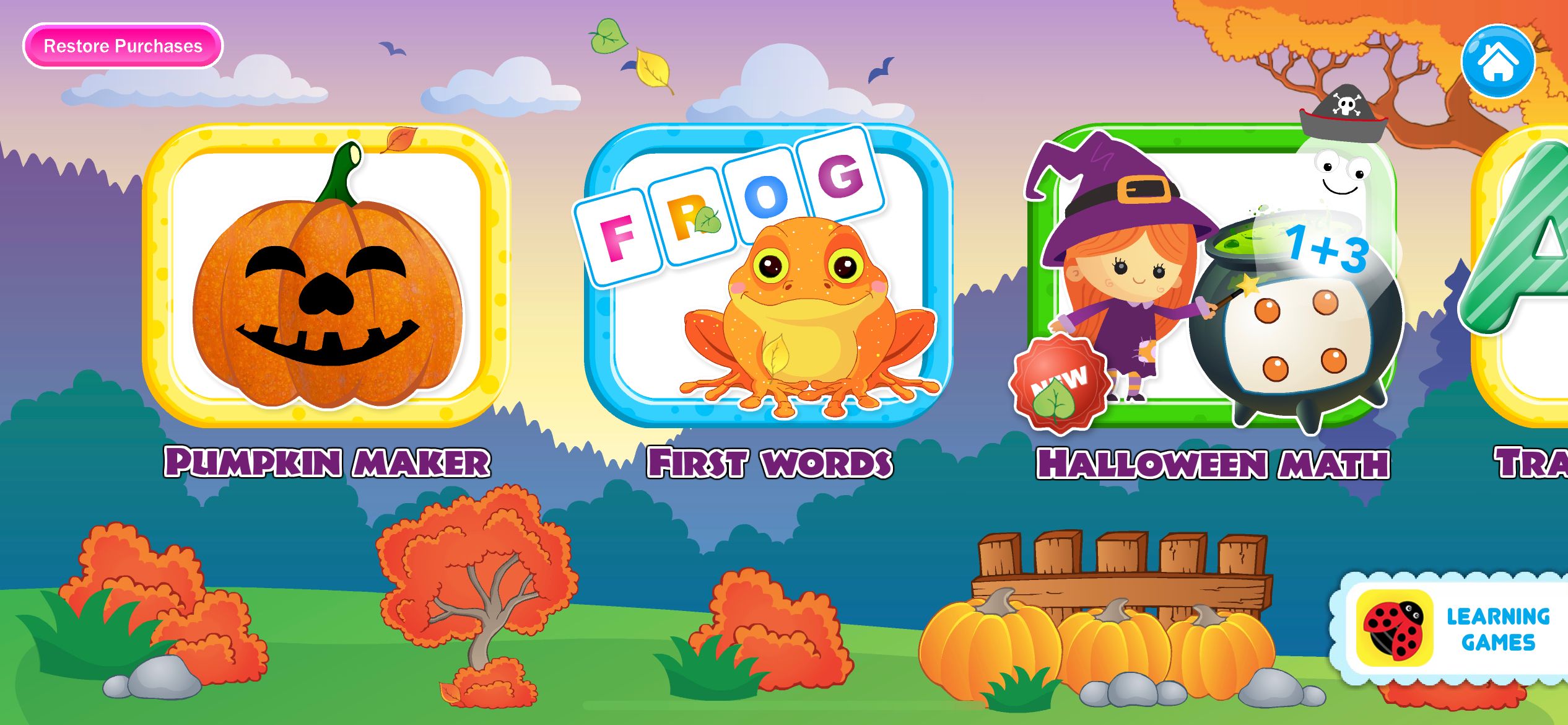 Screenshot showing the Halloween Games For Kids App Home Screen