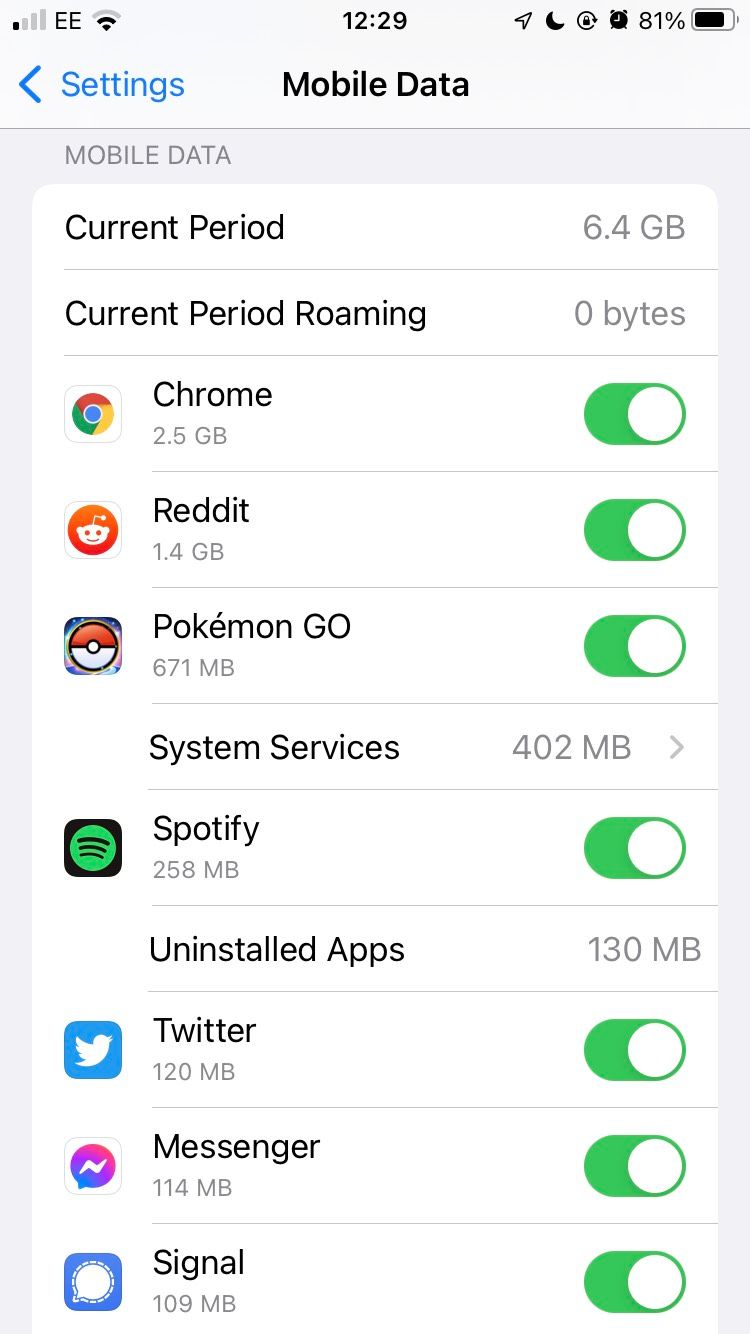 Screenshot of Mobile Data section on iOS Settings app.