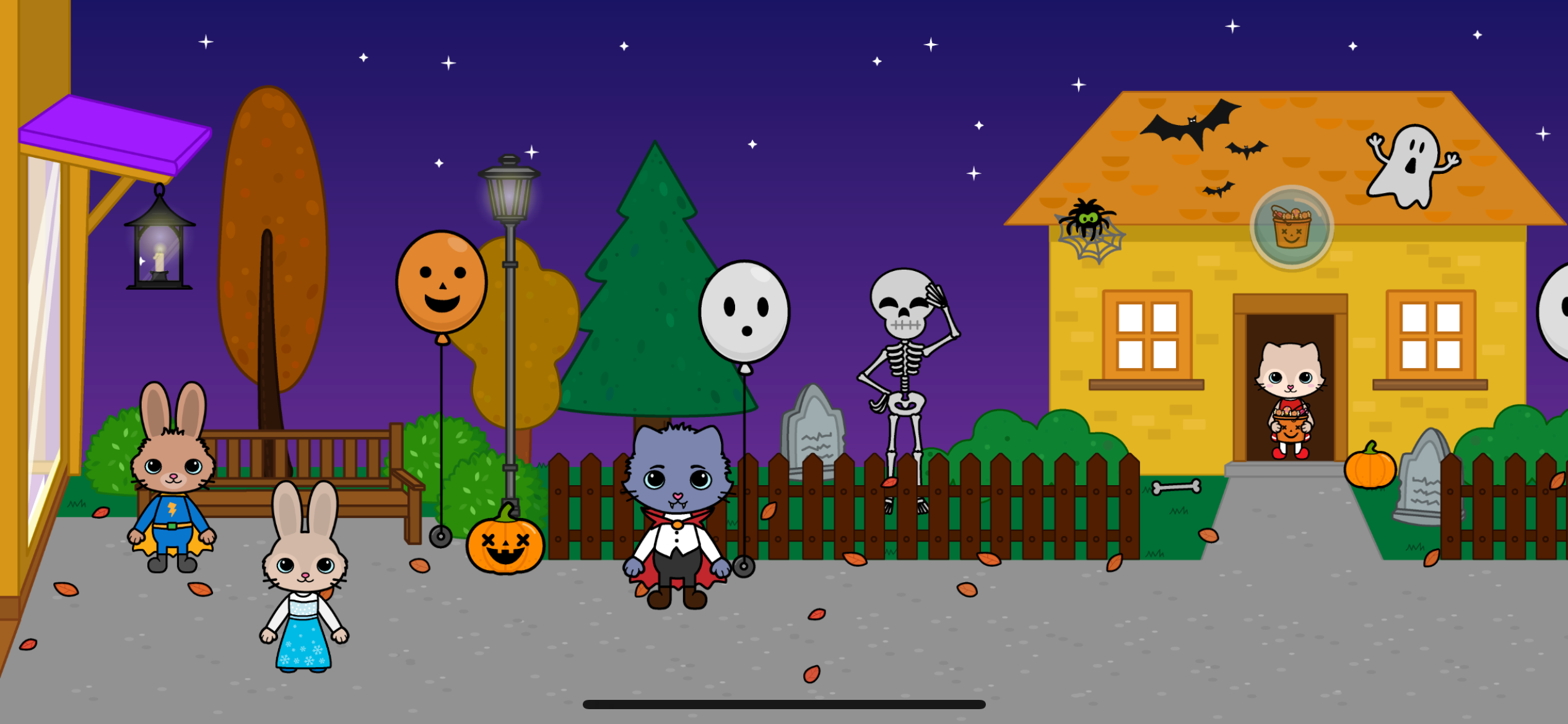 Yasa Pets Halloween screenshot, showing the characters outside, trick or treating