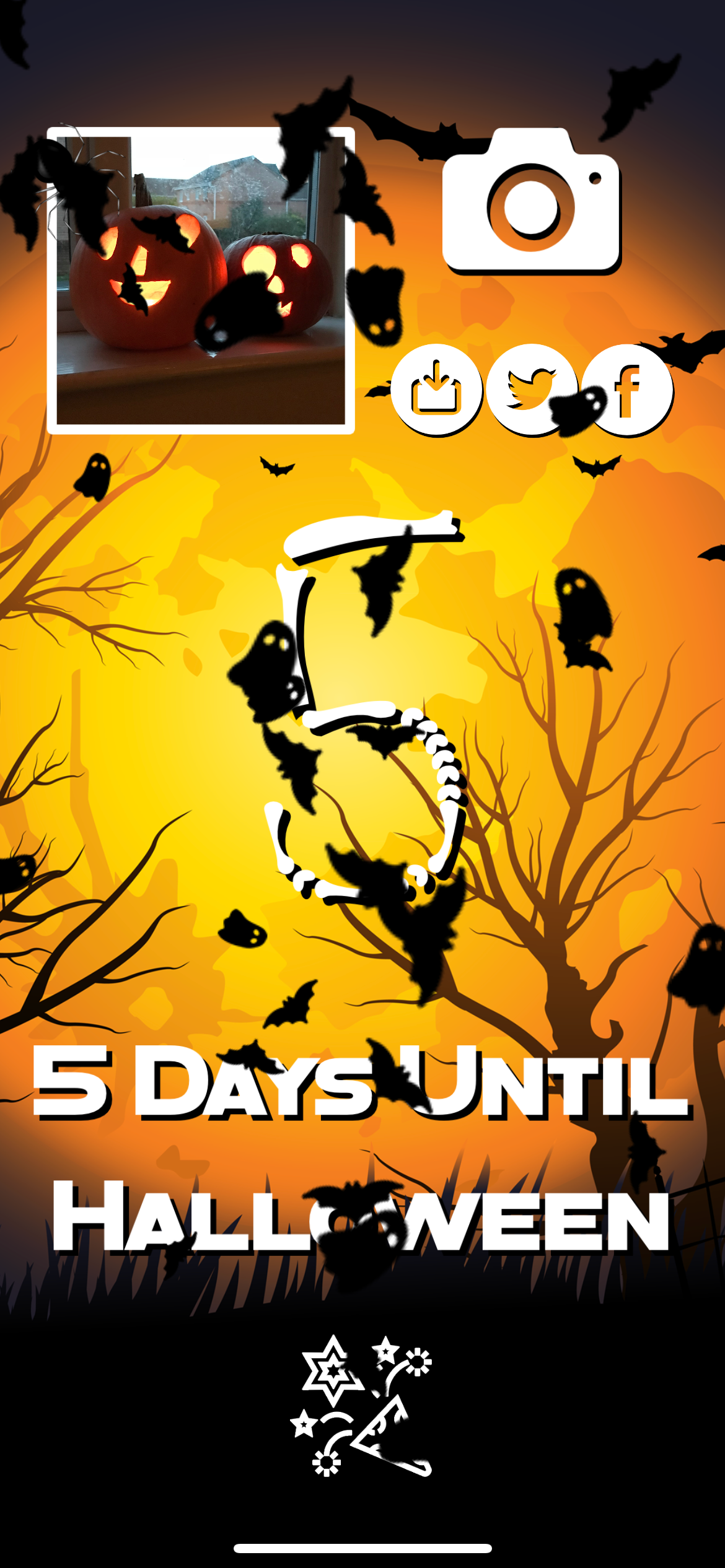 Countdown to Halloween screenshot, showing the cannon confetti on screen and a personalized image