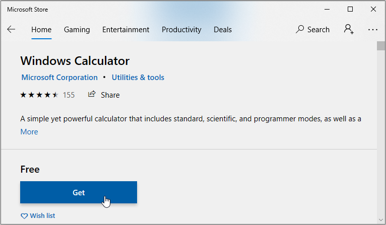 Installing the calculator app via the Microsoft Store